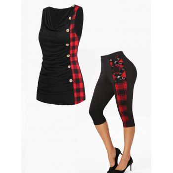 

Cowl Neck Ruched Tank Top and Plaid Grommet Buckle Detail Capri Leggings Summer Casual Outfit, Black
