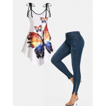 

Asymmetrical Rainbow Butterfly Print Tie Shoulder Binding Cami Top and Studded Slit Dark Wash Skinny Jeans Summer Casual Outfit, Multicolor