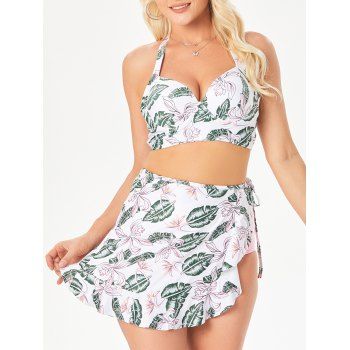 

Tropical Corset Bikini Swimsuit Leaf Print Push Up Three Piece Swimwear Set, Multicolor
