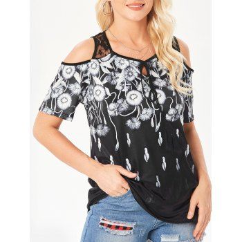 

Floral Lace Insert Cold Shoulder Cut Out Fringe T Shirt, Black