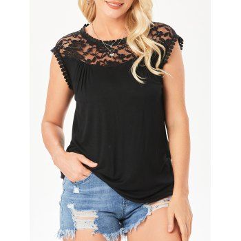 

Lace Panel Sheer Yoke Tank Top, Black