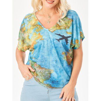 

Allover Map Print Dolman Sleeve Loose T-shirt, Light blue