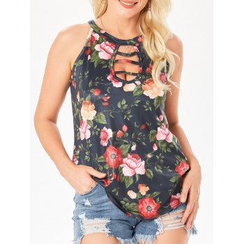 

Allover Floral Print Ladder Cut Out Tank Top, Black
