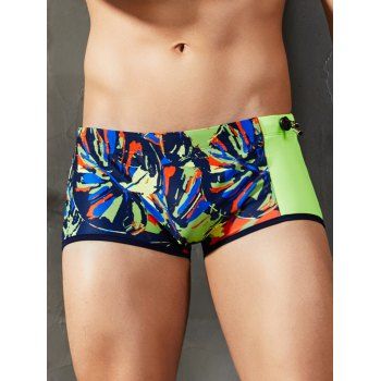 

Beach Swimming Trunks Contrast Colorblock Printed Drawstrings Short Skinny Swimming Bottom, Green