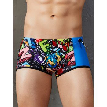 

Beach Swimming Trunks Contrast Colorblock Printed Drawstrings Short Skinny Swimming Bottom, Blue