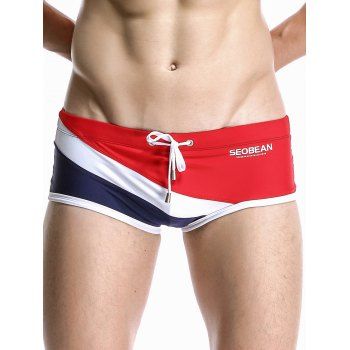 

Beach Contrast Colorblock Sporty Swimming Trunks Drawstrings Short Swimming Bottom, Red