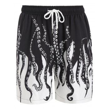 

Marine Life Casual Summer Board Shorts Octopus Print Drawstrings Pockets Beach Shorts, Black