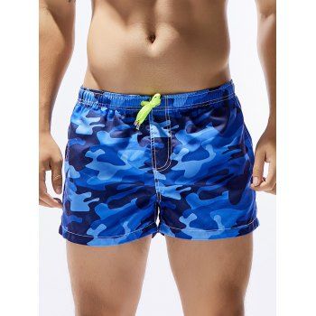 

Camo Print Casual Board Shorts Camouflage Pockets Summer Drawstring Beach Shorts, Blue