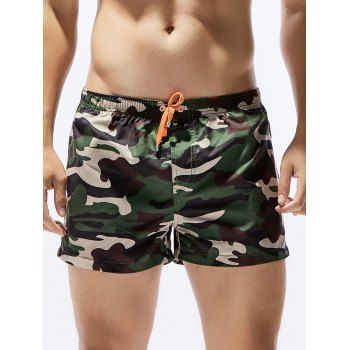 

Camo Print Casual Board Shorts Camouflage Pockets Summer Drawstring Beach Shorts, Deep green