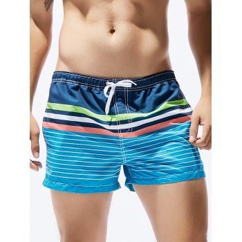 

Contrast Colorblock Casual Board Shorts Striped Print Drawstrings Pockets Summer Beach Shorts, Light blue