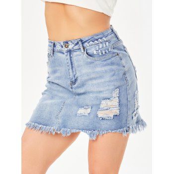 

Summer Casual Denim Skirt Frayed Hem Pockets Destroyed Zipper Skirt, Blue