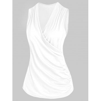 

Summer Plain Tank Top V Neck Surplice Ruched Pure Color Casual Top, White