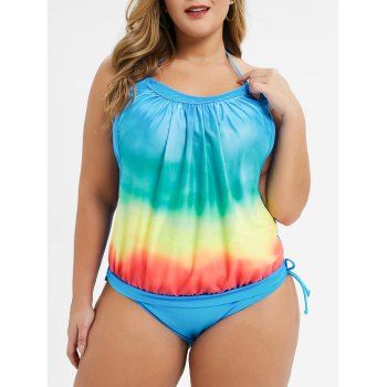 

Plus Size Vacation Ombre Halter Swimsuit Cinched Ruched Modest Summer Tankini Swimwear, Light blue