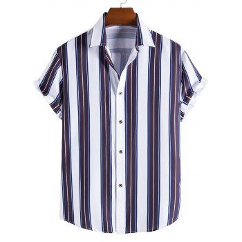Striped Print Casual Shirt Curved Hem Turn Down Collar Short Sleeve Summer Button-up Shirt