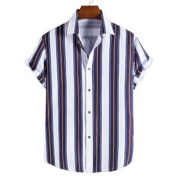 

Vertical Striped Print Casual Shirt Curved Hem Turn Down Collar Short Sleeve Summer Button-up Shirt, Multicolor a