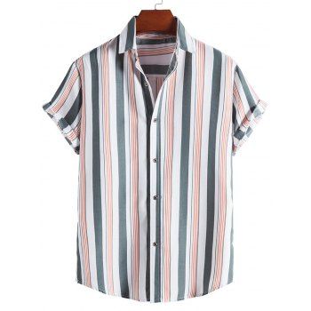 

Vertical Striped Print Shirt Curved Hem Turn Down Collar Summer Casual Button-up Shirt, Multicolor a