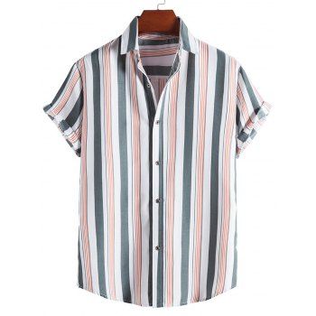 

Striped Print Shirt Curved Hem Turn Down Collar Summer Casual Button-up Shirt, Multicolor a