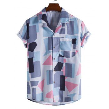 

Casual Shirt Geometric Print Front Pocket Notched Collar Short Sleeve Summer Button-up Shirt, Multicolor a