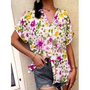 

Tropical Shirt Allover Flower Print Curve Hem V Neck Roll Up Cuff Summer Button-up Shirt, Light pink