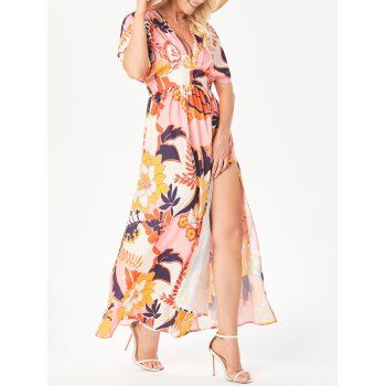 

Bright Flower Print Bohemian Maxi Dress High Slit Dolman Sleeve Plunge High Waist Dress, Multicolor