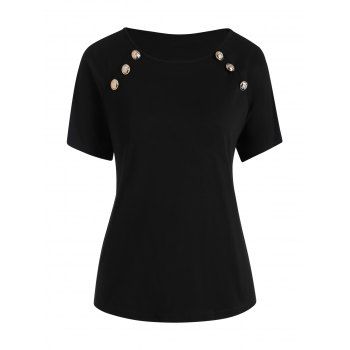 

Plus Size T Shirt Raglan Sleeve Button Basic Mock Button Curve Tee, Black