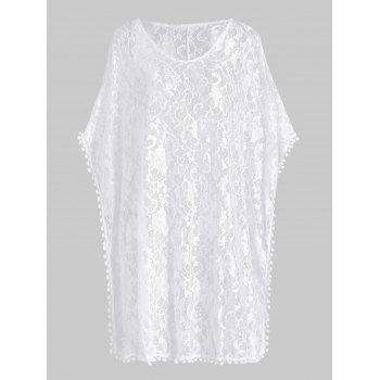 

Plus Size Beach Sheer Cover-up Floral Lace Slit Swiss Dots Solid Color Cover Up, White