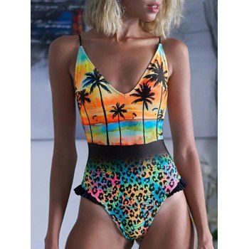 

Beach One-piece Swimsuit Coconut Tree Printed Ruffle Plunging Neck High Waist Open Back Summer Swimwear, Multicolor