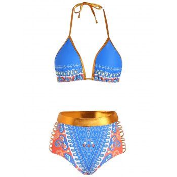 

Bohemian Halter Bikini Swimsuit Ringer Printed Cut Out High Waist Tummy Control Swimwear, Blue