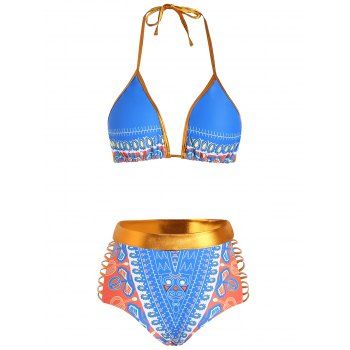 

Bohemian Halter Bikini Swimsuit Ringer Printed Cut Out High Waist Tummy Control Swimwear, Blue