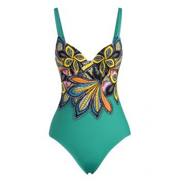 

Bohemian Vacation One-piece Swimsuit Floral Print Push Up Corset Underwire Spaghetti Strap Swimwear, Green