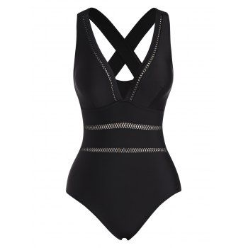 

Solid Color One-piece Swimsuit Lace Crisscross Plunging Neck Open Back Summer Swimwear, Black