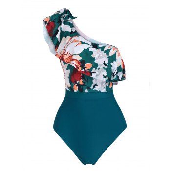 

Daisy Print Lace Insert Ruffle Vacation One-piece Swimsuit Bowknot Foldover One Shoulder Open Back Swimwear, Deep green