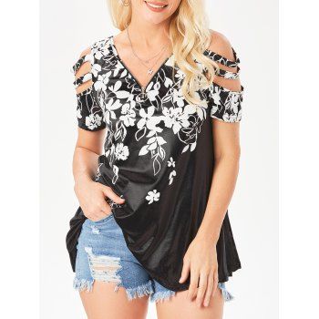 

Floral Print Ladder Plunging Cold Shoulder Zipper T Shirt, Black