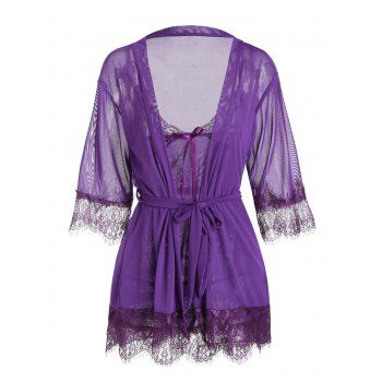 

Lace Insert See Thru Mesh Lingerie Pure Color Lingerie Set, Purple
