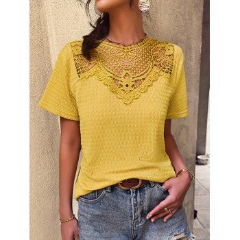

Casual T Shirt Textured Lace Insert Cut Out Solid Color Short Sleeve Summer Tee, Yellow
