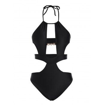 

Cut Out Monokini Swimsuit Pure Color Halter Padded One-Piece Swimwear Set, Black