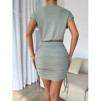 Casual Dress Cinched Textured Solid Color Roll Up Cuff High Waist Summer Mini Bodycon Dress
