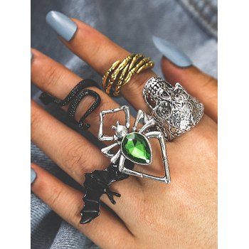 

5 Pcs Snake Spider Skull Bat Skeleton Faux Gem Gothic Rings Set, Silver