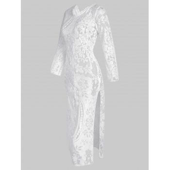

See Thru Mesh Beach Coverups Flower Print High Slit Flare Sleeve V Neck Cover Up Dress, White