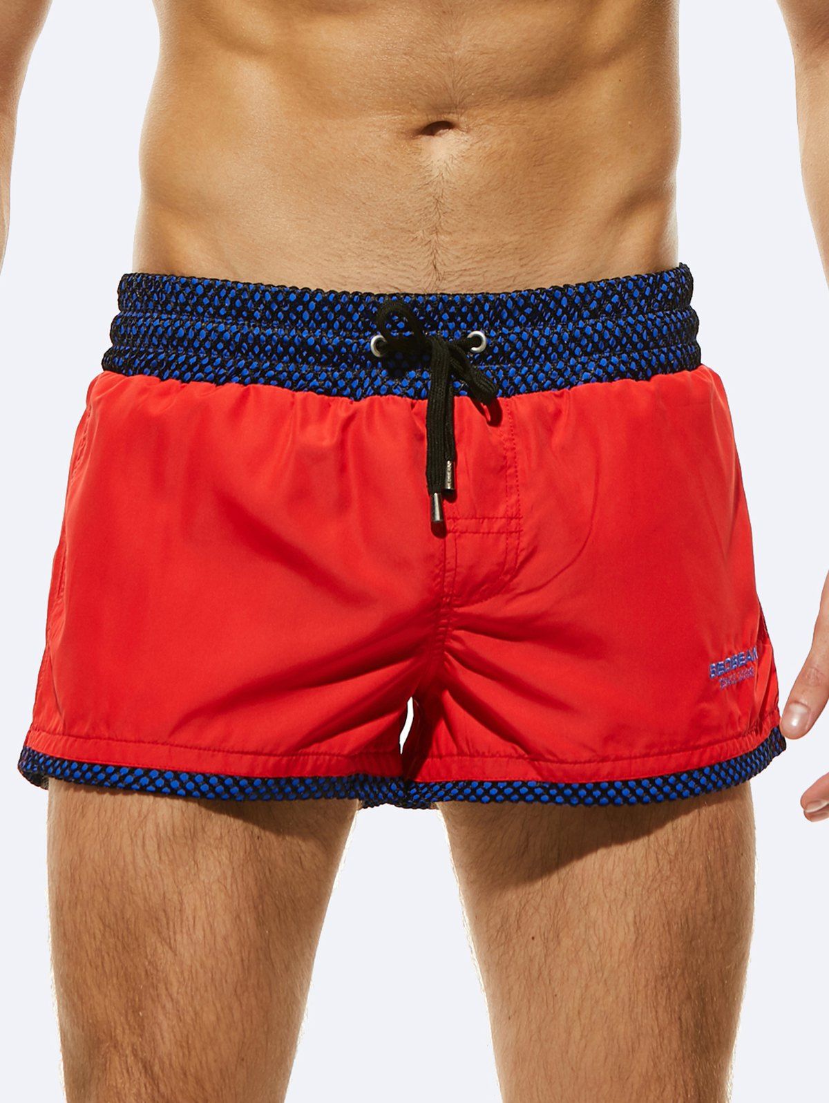 Casual Board Shorts Contrast Colorblock Lace Panel Drawstrings Pockets Summer Ringer Beach Shorts - RED L