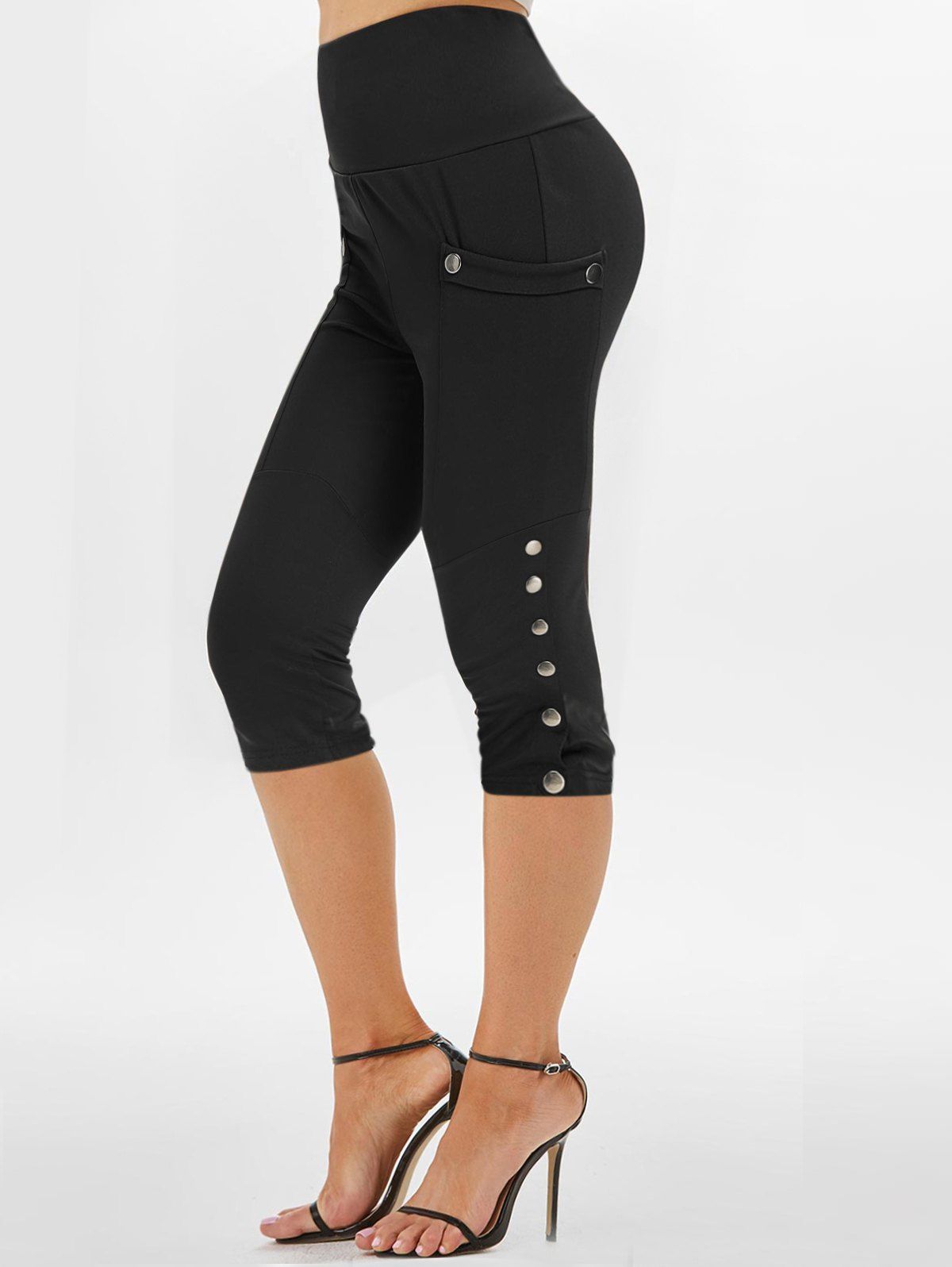 Pantalon Corsaire Décontracté en Couleur Unie à Taille Haute avec Poches - Noir XL