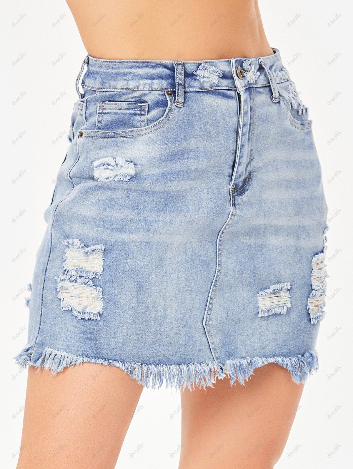 Summer Casual Denim Skirt Frayed Hem Pockets Destroyed Zipper Skirt 