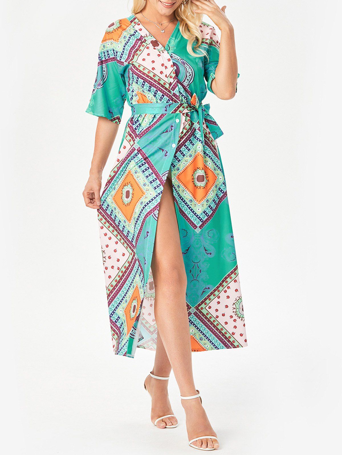 Bohemian Allover Floral Print Surplice Plunge Slit Dress - BLUE XL
