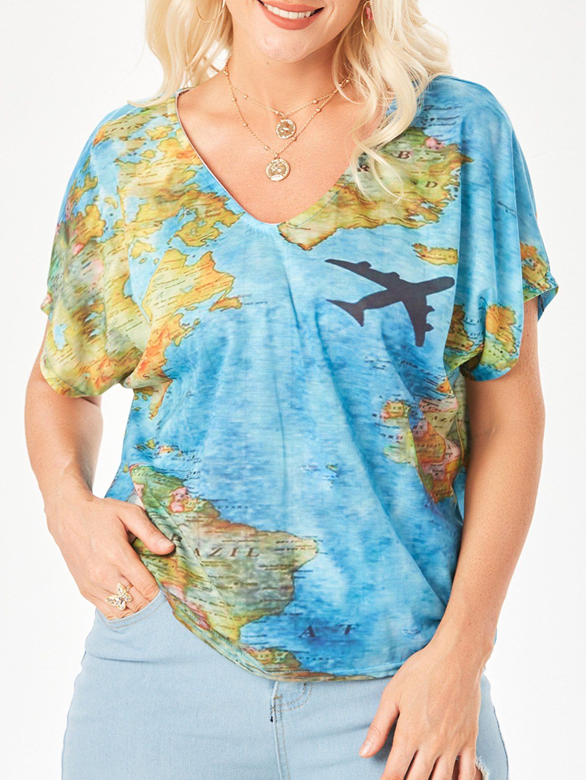 Allover Map Print Dolman Sleeve Loose T-shirt - LIGHT BLUE XL