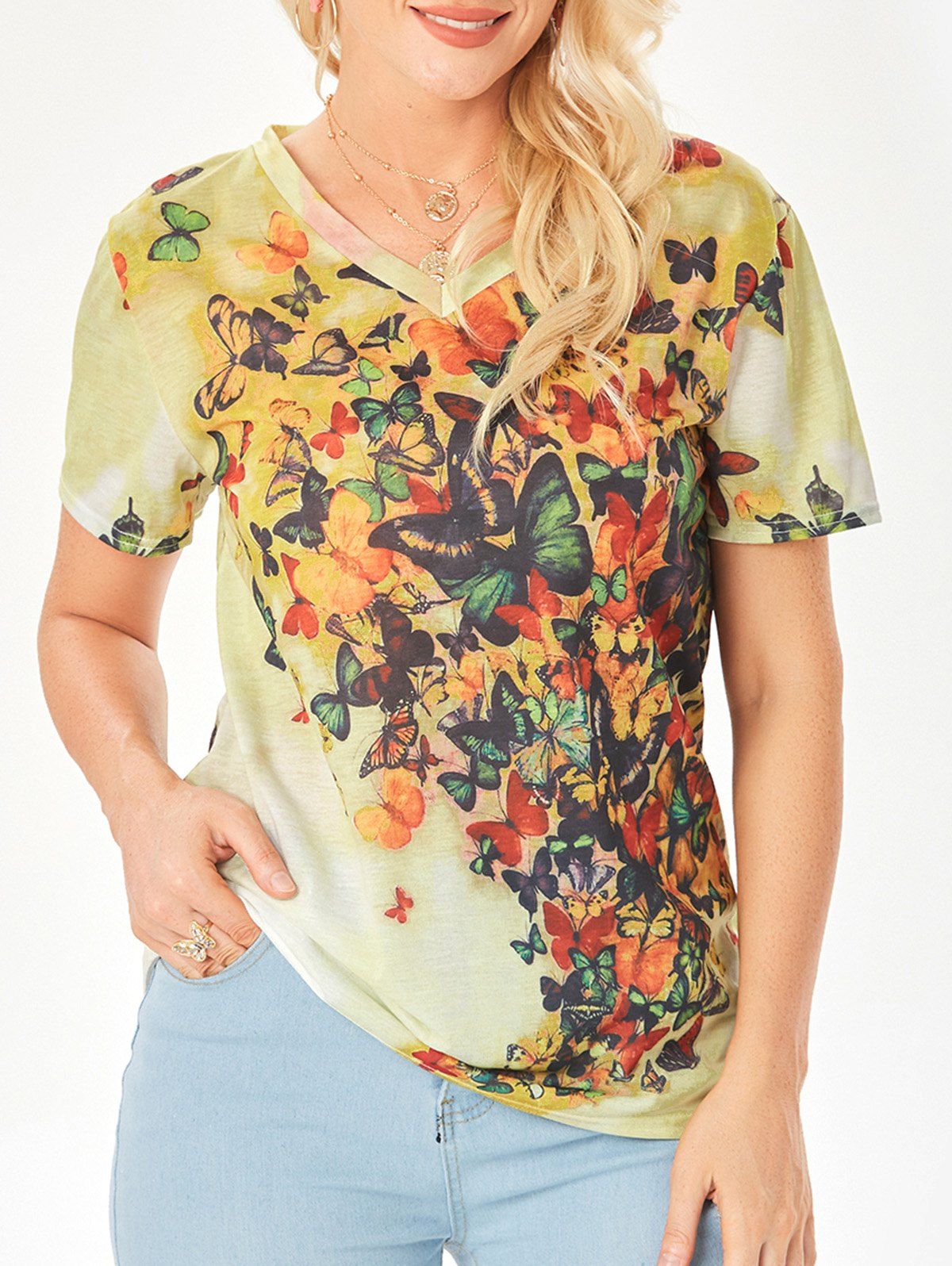 T-Shirt à Manches Courtes à Imprimé Papillons Vif en Dégradé de Couleurs - multicolor XL