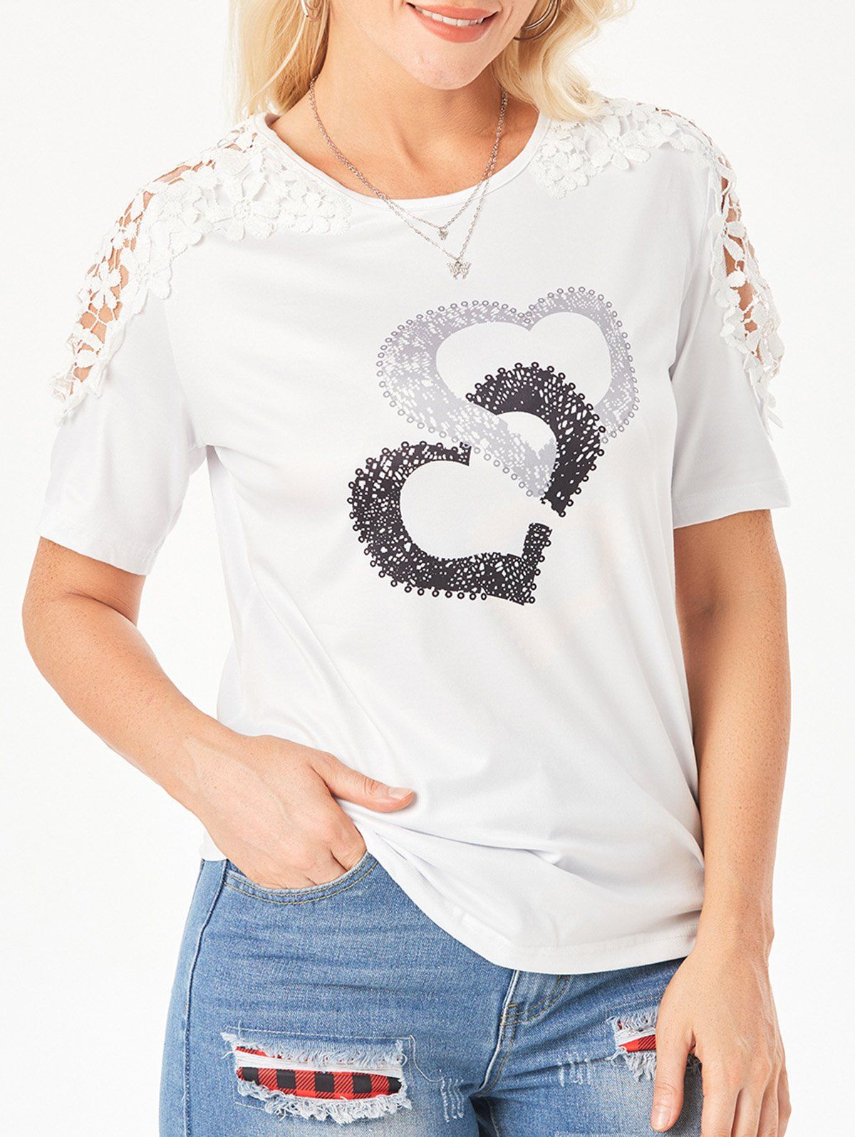 Floral Crochet Panel Heart Printed T-shirt - WHITE L