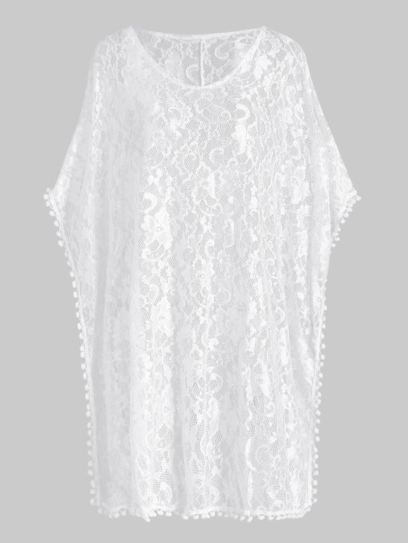 Plus Size Beach Sheer Cover-up Floral Lace Slit Swiss Dots Solid Color Cover Up - WHITE 1XL