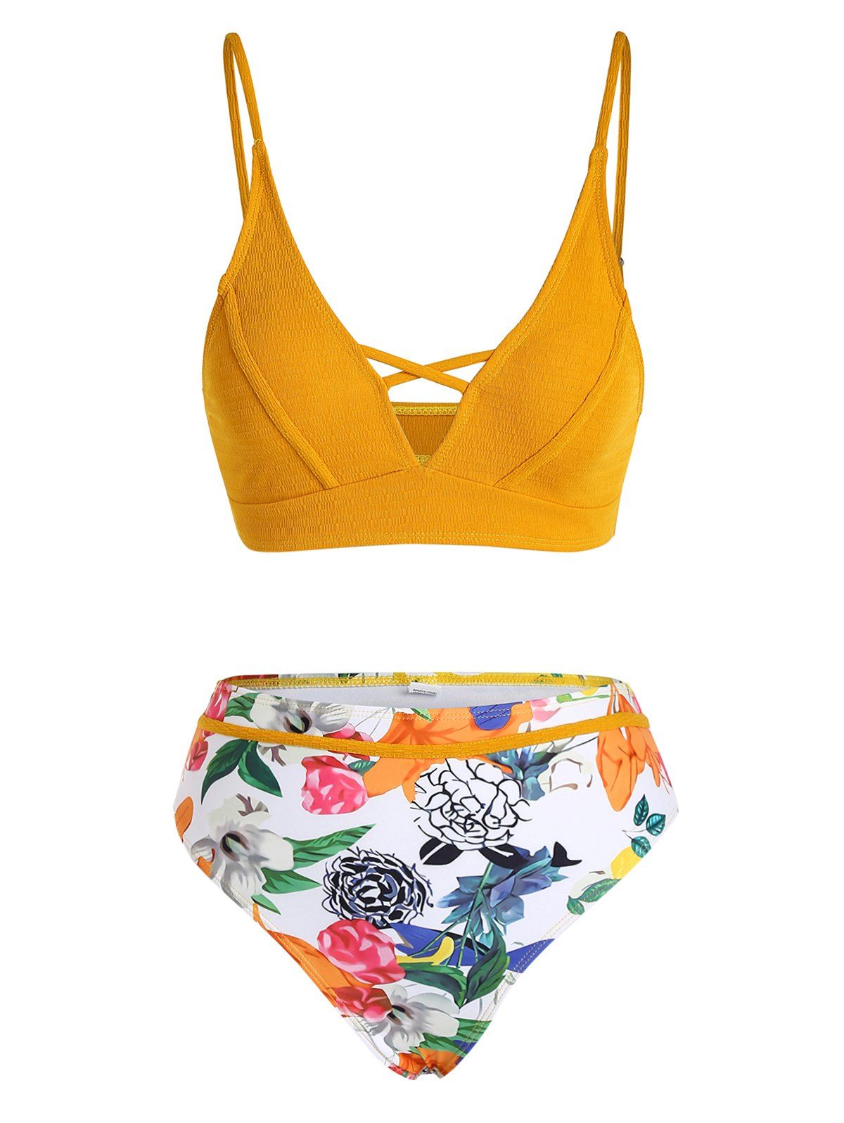 Maillot de Bain Bikini D'Eté Découpé Croisé à Imprimé Feuille Tropicale - multicolor XL