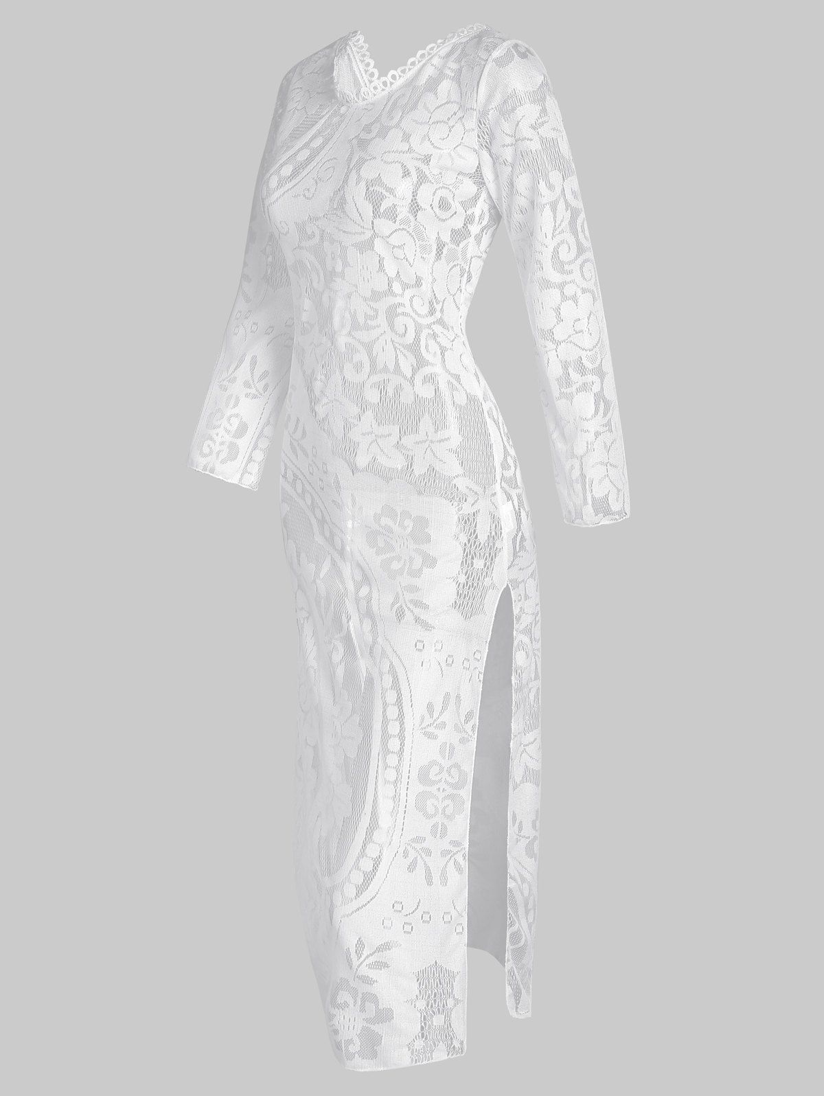 Robe Cache-maillot de Plage à Imprimé Fleur en Tulle Transparent Manches Evasées à Col V - Blanc XL