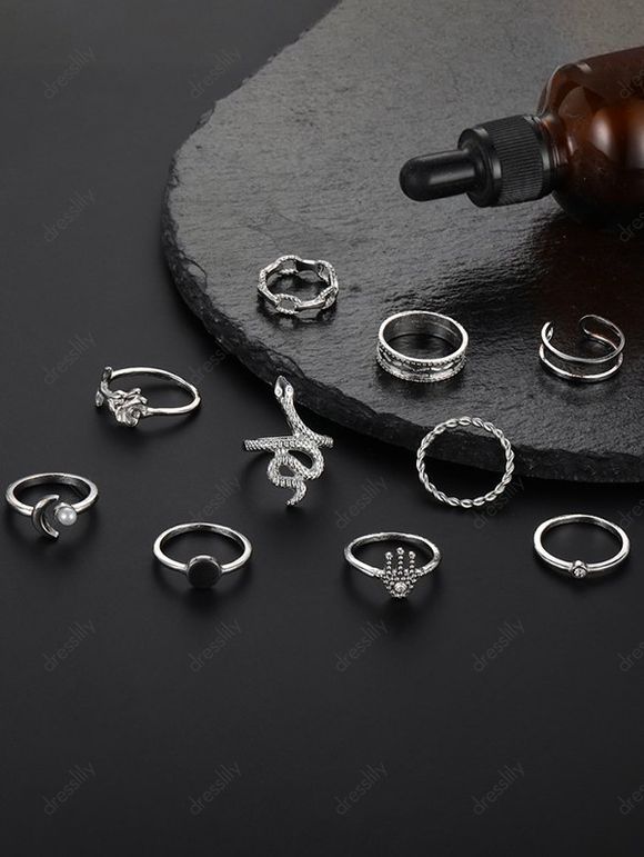 Ensemble de 10 Pièces Bagues en Alliage Motif Lune Serpent Perle Fantaisie et Strass Style Vintage - Argent 